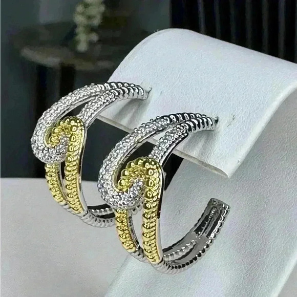 14KGP Two Tone Pave Earrings - Picture 3 of 3